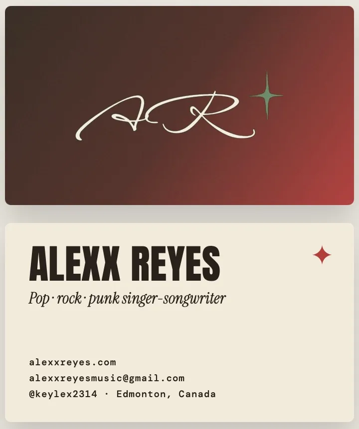 Alexx Reyes business card, front and back