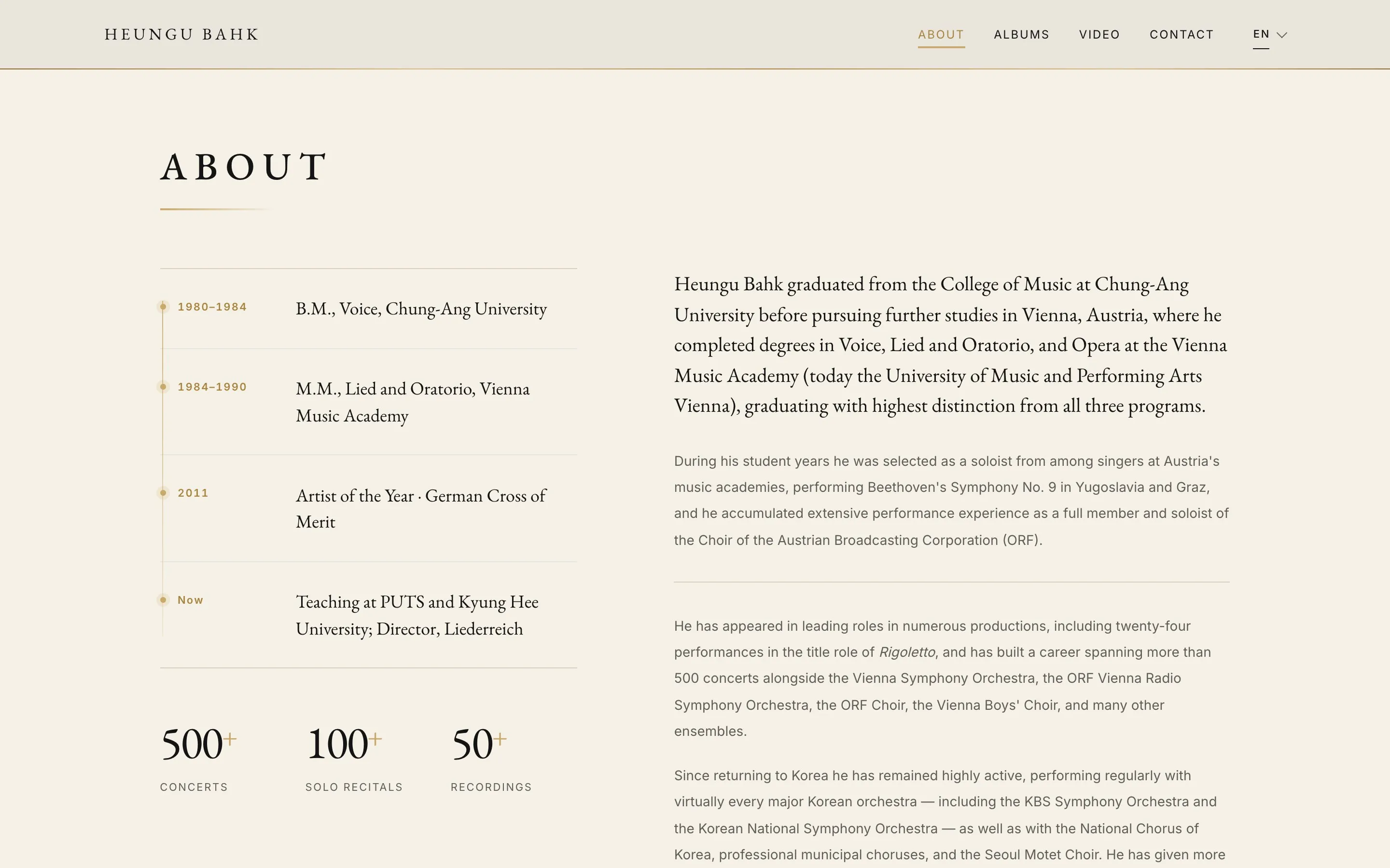 About page with the career timeline